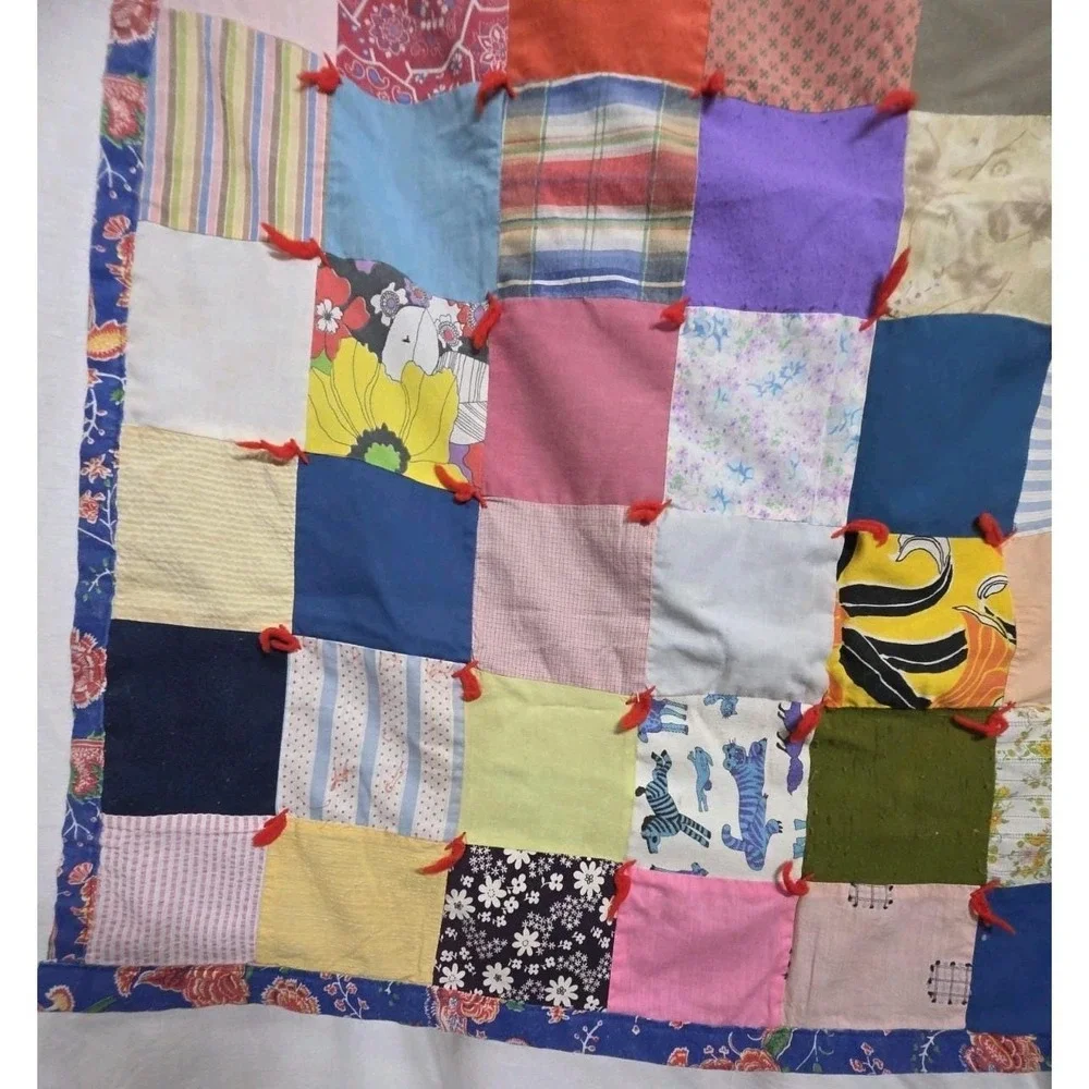 Vintage Handmade Patchwork Tied Quilt 47x40 Cotton Poly Scrap Fabric Folk Art